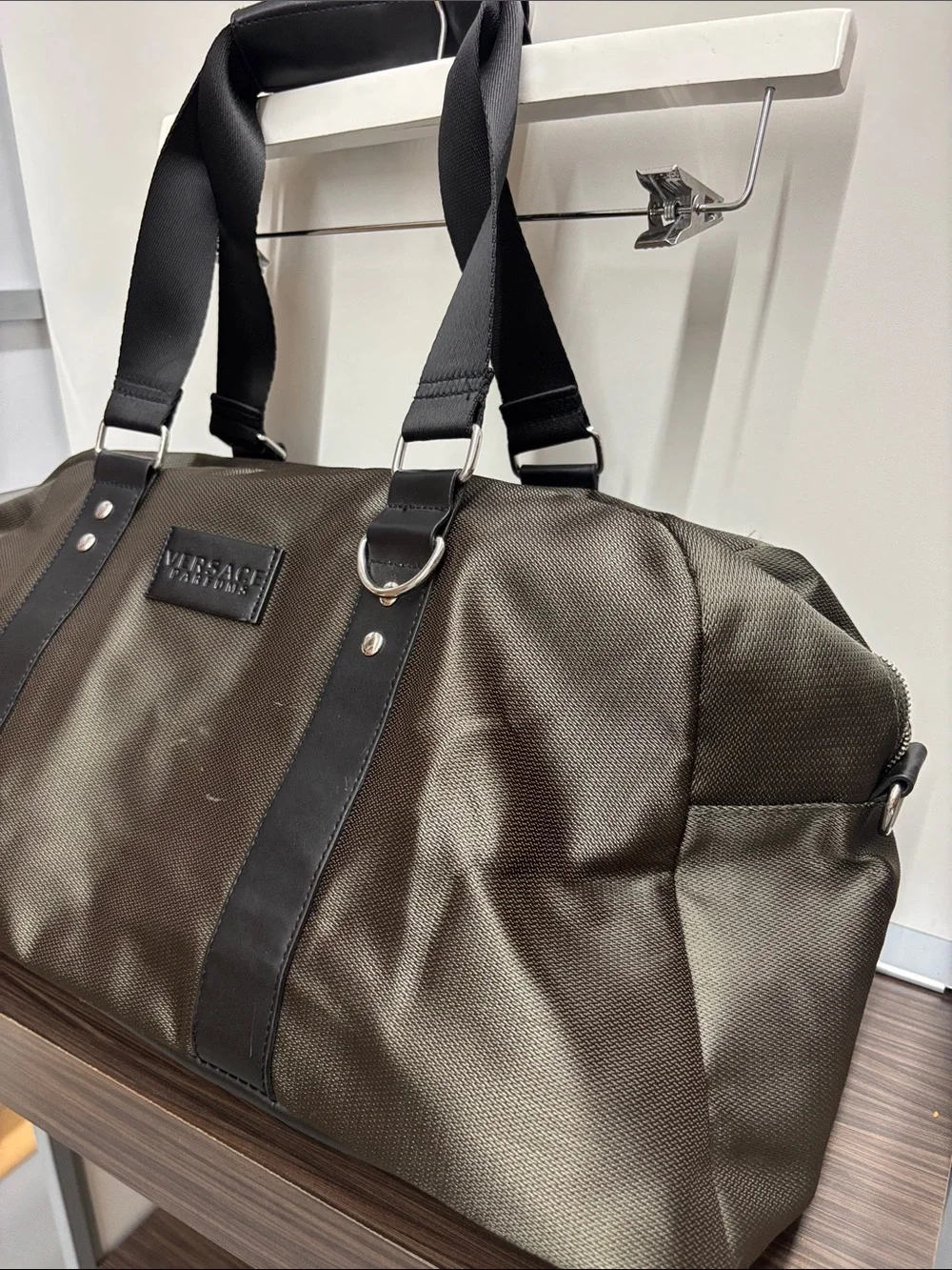 Versace Parfums Olive Green and Black Travel Duffle Bag - Broken Zipper